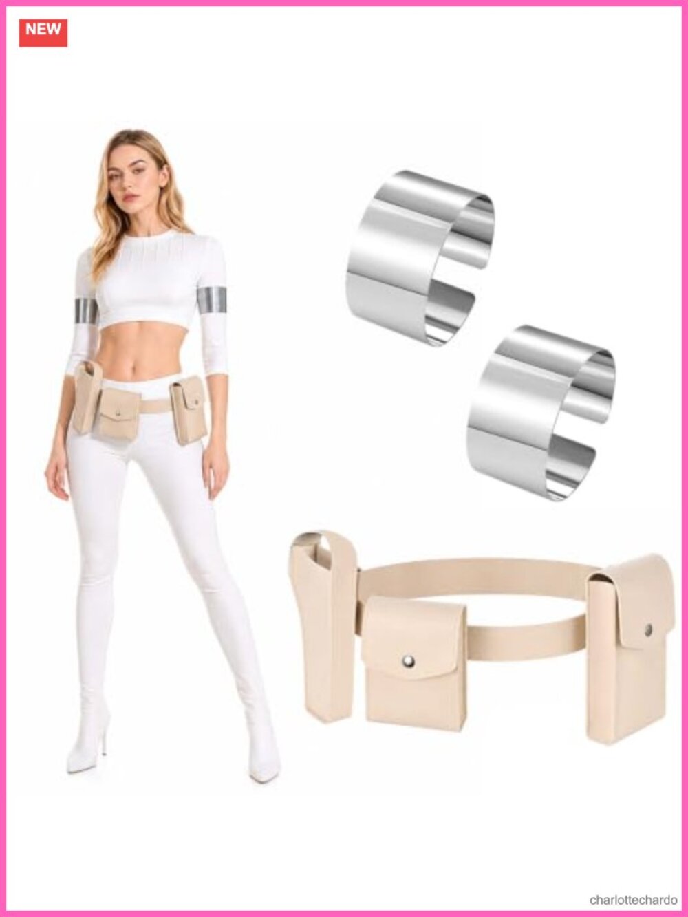Faux Leather Utility Belt with Silver Arm Cuffs Cosplay Costume Accessory Set